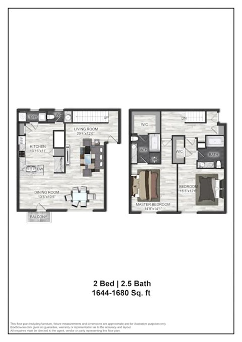 Floor plan for 2 beds, 2.5 baths, 1680 sqft
